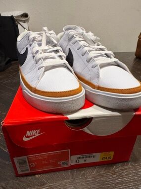 Nike Women’s White Sneakers with Black Swoosh & Brown Accent
